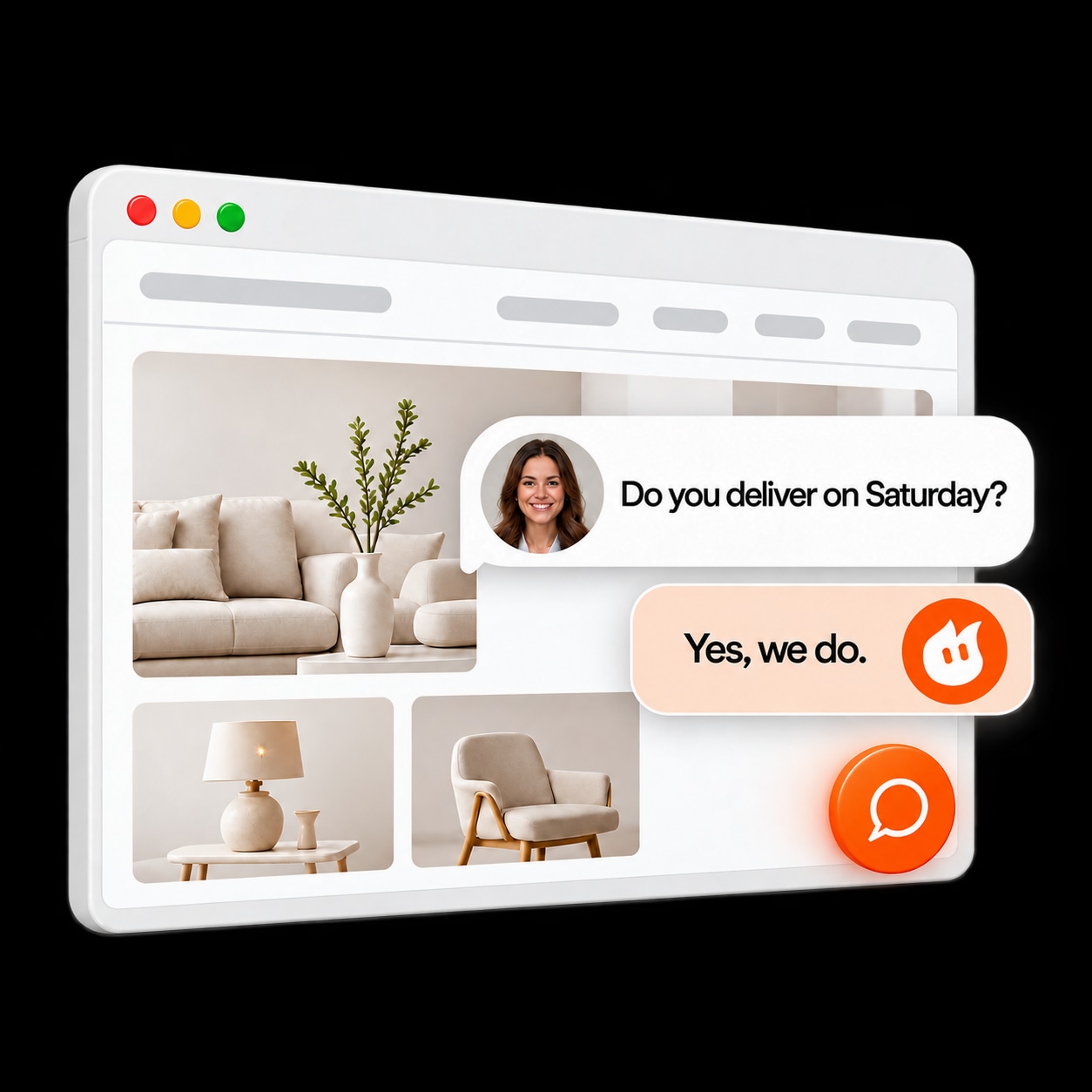 A furniture website with a customer asking about Saturday delivery and the agent answering yes.