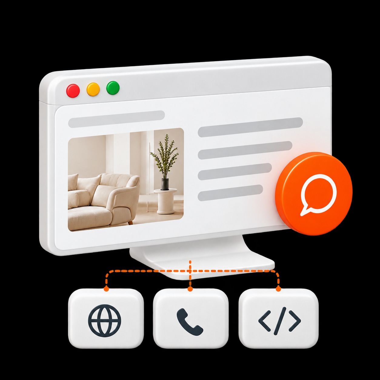 An agent on a website, connected to web, telephone, and app destinations.
