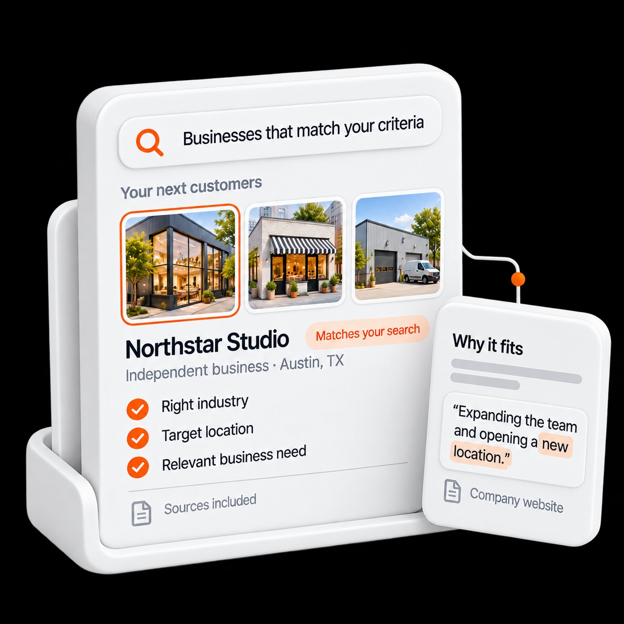 Illustrative business search across offices, shops, and service businesses. Northstar Studio matches the industry, location, and business-need criteria, with a company website excerpt supporting the match.