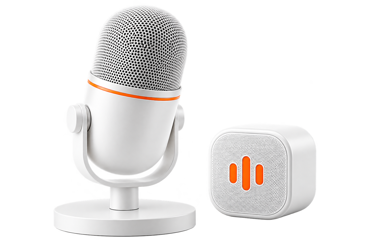 White studio microphone and speaker with orange audio accents